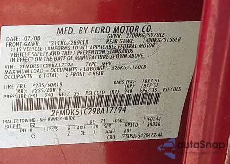 2009 Ford Flex Se from USA, damaged, VIN 2FMDK51C29BA17794
